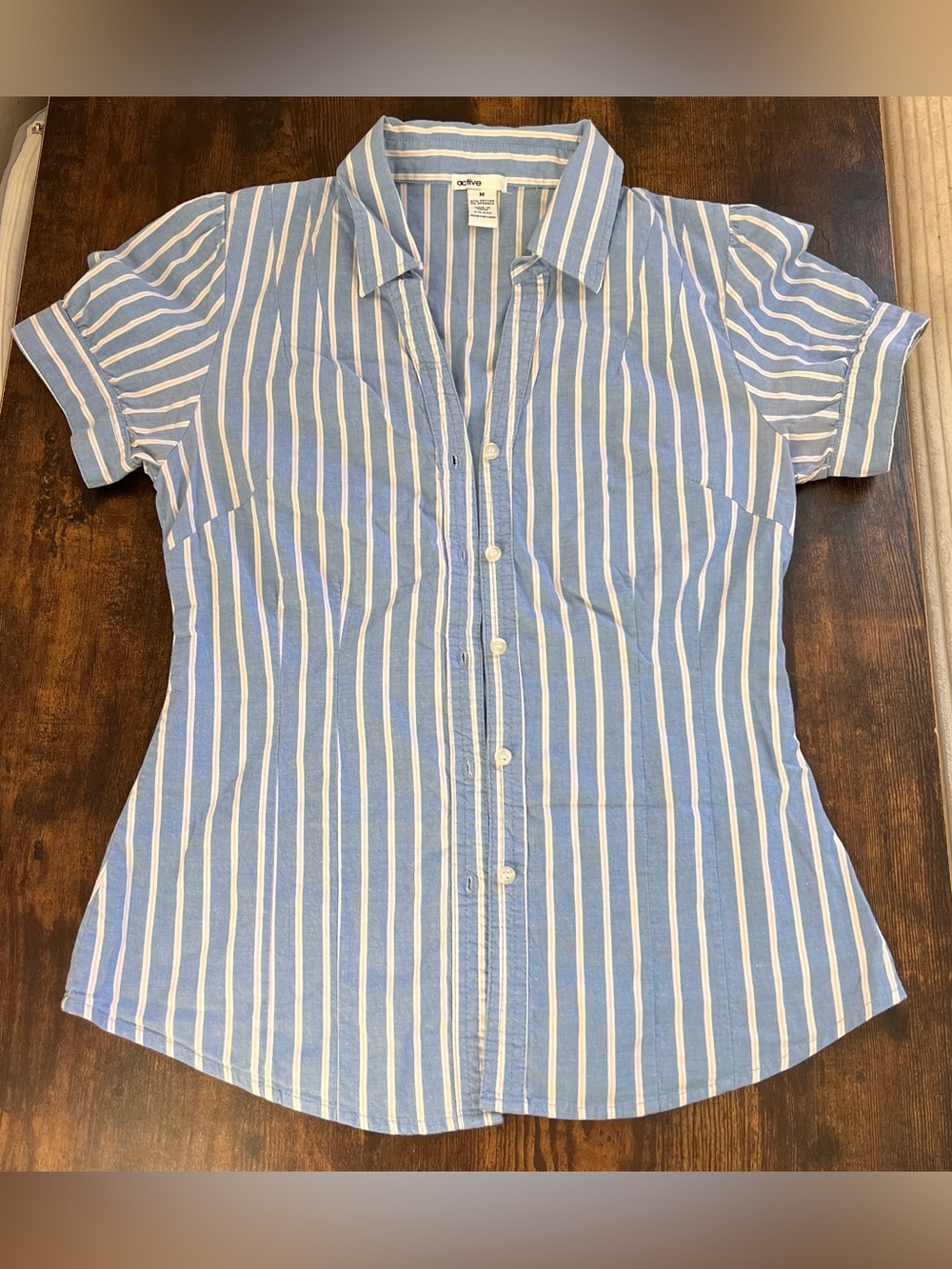 ACTIVE BASIC Pinstriped Fitted Short Sleeved Button Up 90s Y2K Shirt Size M
